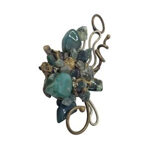 Vintage Brutalist Artisan Pendant Green Gemstone Brass Wire Sculpture 1970s Deco